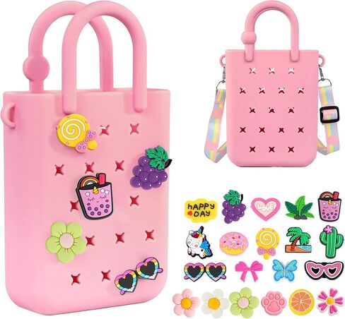 Silicone Small Rubber Beach Bag with 20 Charms, Hole Handbag With Adjustable Shoulder Strap, Mini Tote Bags for Little Girls and Woman in Saudi Arabia