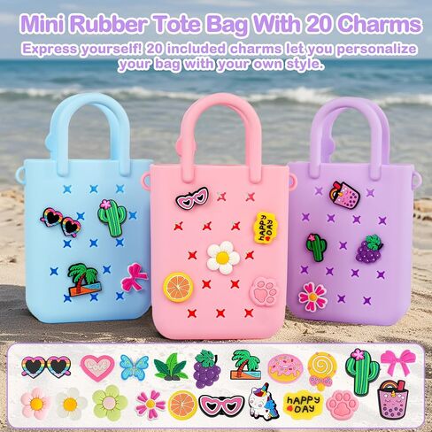 Silicone Small Rubber Beach Bag with 20 Charms, Hole Handbag With Adjustable Shoulder Strap, Mini Tote Bags for Little Girls and Woman in Saudi Arabia