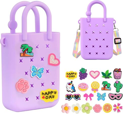 Silicone Small Rubber Beach Bag with 20 Charms, Hole Handbag With Adjustable Shoulder Strap, Mini Tote Bags for Little Girls and Woman in Saudi Arabia