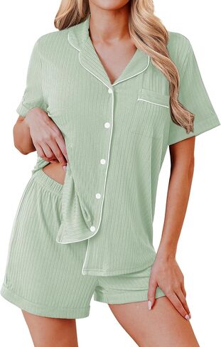 Ekouaer Womens Pajamas 2 Piece Ribbed Knit Pjs Button Down Sleepwear Set Summer Casual Loungewear Lounge Sets in Kuwait