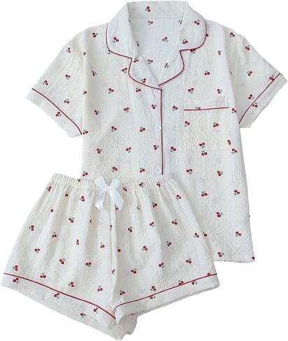 SweatyRocks Women's Matching PJS 2 قطعة لطيفة مطبوعة الأكمام قصيرة الزر الأمامية مع مجموعة بيجاما السراويل القصيرة in Saudi Arabia