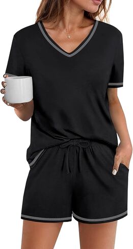 Ekouaer Womens Pajamas Sets Soft Cotton Pjs Short Sleeve Lounge Sets Casual Two Piece Pjs With Pockets in Saudi Arabia