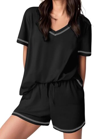 Ekouaer Womens Pajamas Sets Soft Cotton Pjs Short Sleeve Lounge Sets Casual Two Piece Pjs With Pockets in Saudi Arabia