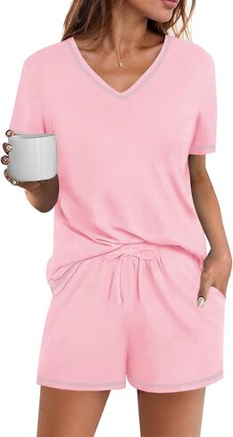 Ekouaer Womens Pajamas Sets Soft Cotton Pjs Short Sleeve Lounge Sets Casual Two Piece Pjs With Pockets in Saudi Arabia