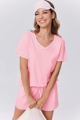 Ekouaer Womens Pajamas Sets Soft Cotton Pjs Short Sleeve Lounge Sets Casual Two Piece Pjs With Pockets in Saudi Arabia