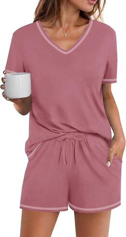 Ekouaer Womens Pajamas Sets Soft Cotton Pjs Short Sleeve Lounge Sets Casual Two Piece Pjs With Pockets in Saudi Arabia