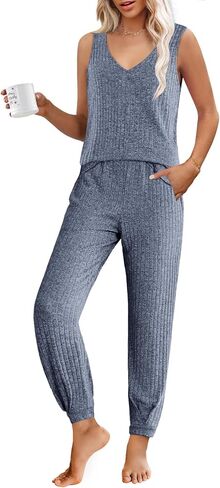 Ekouaer Womens Pajama Sets Sleeveless Tank Lounge Set Ribbed Knit Pj Loungewear Soft Sleepwear S-XXL in Saudi Arabia