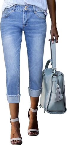 Sidefeel Women's Capri Jeans High Waisted Stretchy Roll-up Skinny Cuffed Cropped Zimbaplatinum Summer Capri Pants in Saudi Arabia