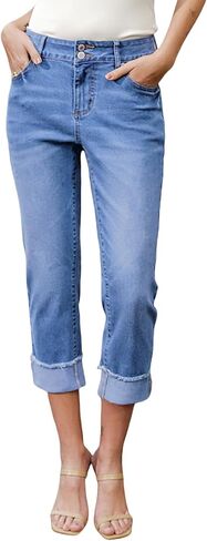 Sidefeel Women's Capri Jeans High Waisted Stretchy Roll-up Skinny Cuffed Cropped Zimbaplatinum Summer Capri Pants in Saudi Arabia