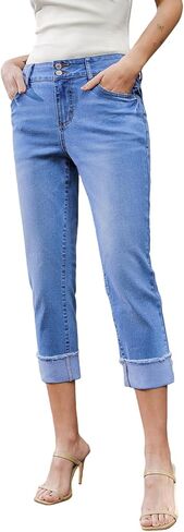 Sidefeel Women's Capri Jeans High Waisted Stretchy Roll-up Skinny Cuffed Cropped Zimbaplatinum Summer Capri Pants in Saudi Arabia