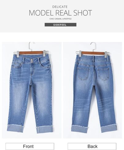 Sidefeel Women's Capri Jeans High Waisted Stretchy Roll-up Skinny Cuffed Cropped Zimbaplatinum Summer Capri Pants in Saudi Arabia