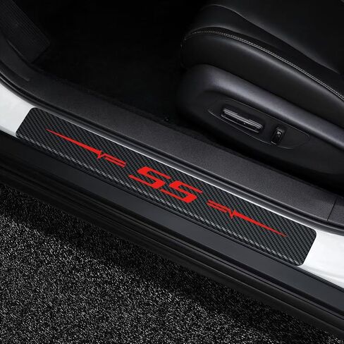 4Pcs Car Door Sill Plate Protectors Carbon Fiber Sticker Leather Decoration Door Entry Guard Scuff Plate Stickers Compatible with Chevy Camaro SS Cars Accessories in Saudi Arabia