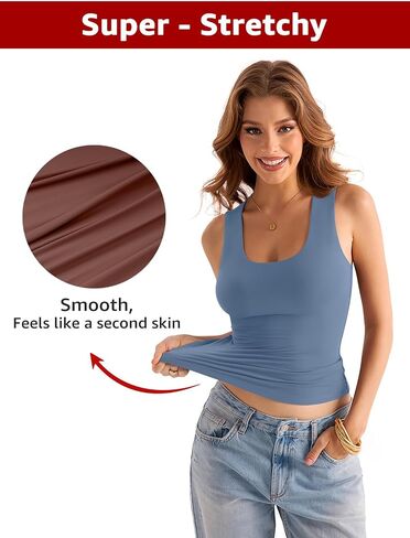 Womens Double Lined Scoop Neck Tank Tops Basic Slim Fit Sleeveless Shirts Y2K Summer Going Out Outfits in Saudi Arabia