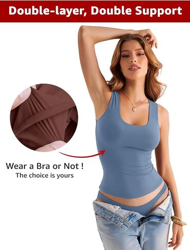 Womens Double Lined Scoop Neck Tank Tops Basic Slim Fit Sleeveless Shirts Y2K Summer Going Out Outfits in Saudi Arabia