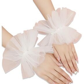 White Short Lace Gloves Lolita Fingerless Lace Bridal Tulle Pearl Sexy Elastic Wrist Bracelet Cuffs Gloves for Women