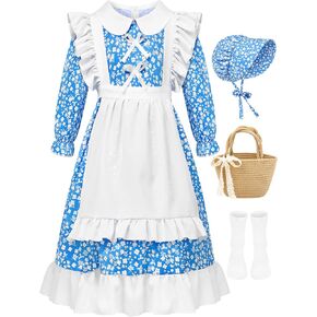 Somsoc 5 Pack Colonial Girl Dress Assume مجموعة Pioneer Ploral Dress مع سلة زهرة بونيه المئزر للعب التاريخي