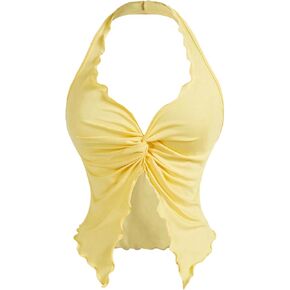 OYOANGLE Women's Twist Front Ruched Halter Top Y2K Sleeveless Front Slit Open Back Cropped Tops