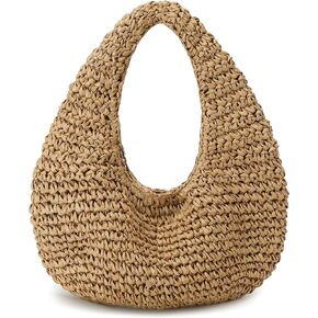 Women's Small Handmade Woven Straw Summer Beach Crescent Hobo Tote Bag