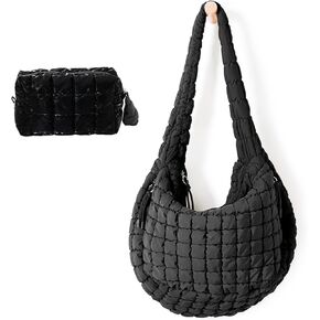Women Large Quilted Tote Bag Lightweight Quilted Carryall GYM Bag Soft Puffy Crossbody Bag Hobo Handbags Wallet (Black)