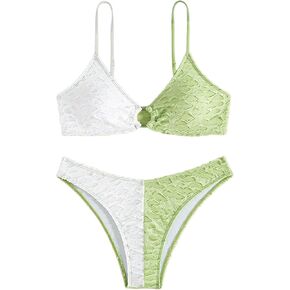 Women's Hollow Out Contrast Color 2 Piece Bikini Sets Ring Swimsuit Bathing Suit