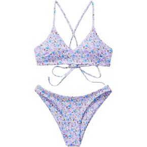 SHENHE Women's Floral Bikini Set 2 Piece Criss Cross Tie Back Low Rise Boho Swimsuits