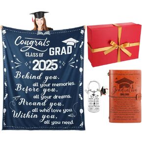 Buryeah 3 Pcs Graduation Gifts for Her 2025 Graduation Gifts Set for Women Include Grad Blanket Leather Journal Grad Keychain with Gift Box for Class of 2025 College High School Congratulation Blue