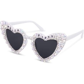 50th Birthday Glasses Heart Shape Sunglasses with Rhinestone for Women Friends Fifty Birthday Gift Accessories Party Favors