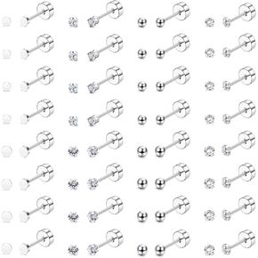 THUNARAZ 16 Pairs Tiny Cartilage Stud Earrings for Women Men Surgical Steel Flat Back Cartilage Earrings Hypoallergenic Cubic Zirconia Tiny Ball Studs Earrings 2mm 3mm Tragus Helix Daith Piercing