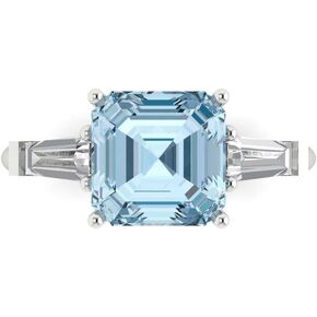 3 ct Asscher Cut Natural Aquamarine 18K Yellow Gold Three-Stone Wedding Engagement Bridal Promise Ring