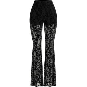 GORGLITTER Women's Floral Lace Mesh Skinny Bell Pants Bottom Flare Leg Elastic High Waist Sheer Trousers
