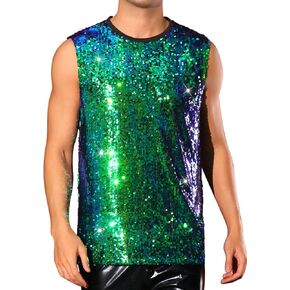 Lars Amadeus Sequin Tank Top for Men's Glitter Sleeveless Tee Disco Party Sparkly Metallic Vest