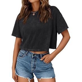 Trendy Queen Womens Crop Tops Short Sleeve T-Shirts Acid Wash Casual Summer Clothes Trendy Comfy 2025 Workout Baggy Soft Tees