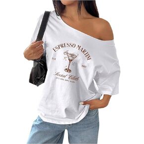 Women's Oversized Off Shoulder Graphic Tees Short Sleeve Bow Letter Print T Shirts Y2K Tops in Kuwait