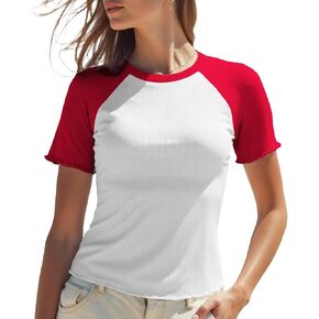 Women T-Shirts Raglan Short Sleeve Regular Fit Crewneck Fitted Tee Color Block Ribbed Tshirt Lettuce Trim Top Stretch