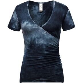 Beauhuty Women's Deep V Neck Short Sleeve Wrap Ruched Sexy Slim Fit Tops