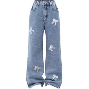 Girl's Bow Graphic Patch Jeans Elastic Waist Straight Leg Y2k Denim Pants with Pockets