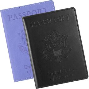 2 Pack Passport Book Holder,Pssport Book Cover,Passport Book Holder Family,Passport and Vaccine Card Holder Combo,Travel Must Haves,PU Passport Cover for Women and Men,Black & Purple