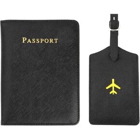 Passport Holder and Luggage Tag Sets, His Her Passport Holder for Travel Waterproof Passport Cover Leather Passport Wallet Suitcase Tags for Couples Engagement Wedding Anniversary Bridal Gifts,Black