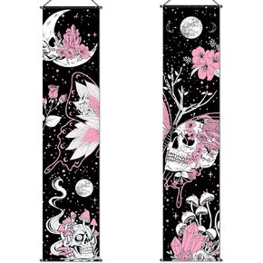 2 Pcs Skull Tapestry Banner Hippie Wall Decoration Butterfly Mushroom Room Wall Hanging Moon Stars Bohemian Abstract Mushroom Backdrop Photography Background for Home Aesthetic Decor Room Bedroom
