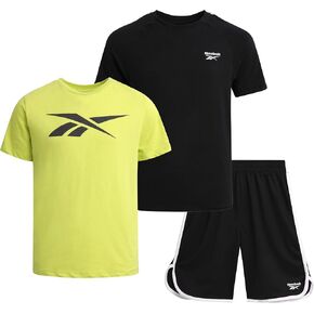 Reebok Boys Athletic Shorts Set - 3 Piece Summer Clothes Outfit with Graphic Tees and Boys Running Shorts for Active Kids