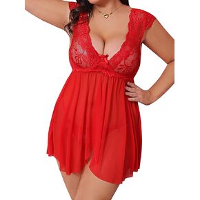 Donnalla Plus Size Lingerie for Women Sexy Lace Babydoll Chemise V-Neck Mesh Sleepwear Boudoir Nighty for Curvy Women