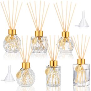 6 Pcs Reed Diffuser Gift Set Empty Reed Diffuser Bottle and 30 Pcs Sticks with Metallic Leaves Decoration Funnels 3.4 oz Fragrance Glass Prismatic Bottles for Essential Oil DIY Home Office, 6 Styles