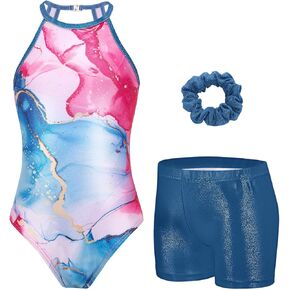 Zaclotre Gymnastics Leotards for Girls Sparkly Sleeveless Clasp Back Dance Leotard Unitards with Tumbling Shorts