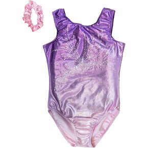 Destira Pixie Dust Gymnastics Leotard For Girls, Glittering Purple Tank With Dazzling Crystals And Matching Scrunchie