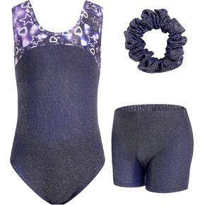 JiAmy Girls Gymnastics Leotards Sparkly Open Back Bow Tumbling Ballet Biketards Unitard Outfits for Kids with Shorts