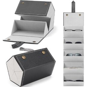 Upgraded 5-Slot Travel Sunglasses Organizer, Waterproof Leather Case with Velvet Lining, Foldable Storage for Multiple Pairs, Perfect for Men and Women