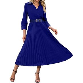 Women’s 3/4 Sleeve Flared A Line Dress Casual Semi Formal Wedding Guest Office Lady Dresses with Belt