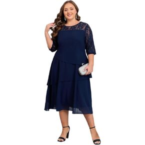 Womens Plus Size 2025 Summer Dresses Lace 3/4 Sleeve Party Cocktail Dress Tiered Layered Chiffon Flowy Midi Dress