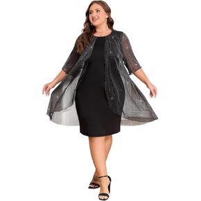 Plus Size Elegant Wedding Guest Dress for Women - Mesh Evening Cocktail Midi Dress Half Sleeve