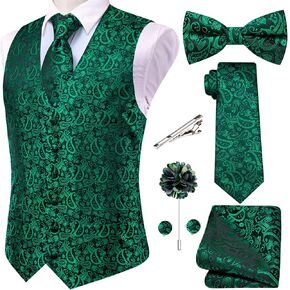 Hi-Tie Men's Silk Vest Bowtie Set Formal Suit Vest Jacquard Tie Handkerchief Cufflinks 5PCS Dress Waistcoats Wedding